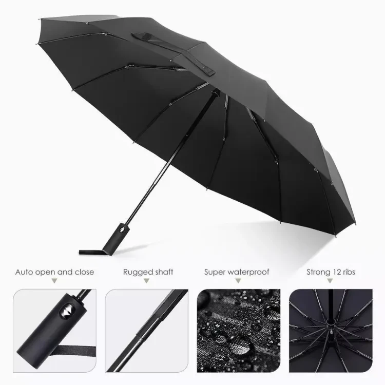 12Ribs Windproof Automatic Umbrella Rain 3Fold Portable Long Handle Business Umbrellas Outdoor Travel Camping