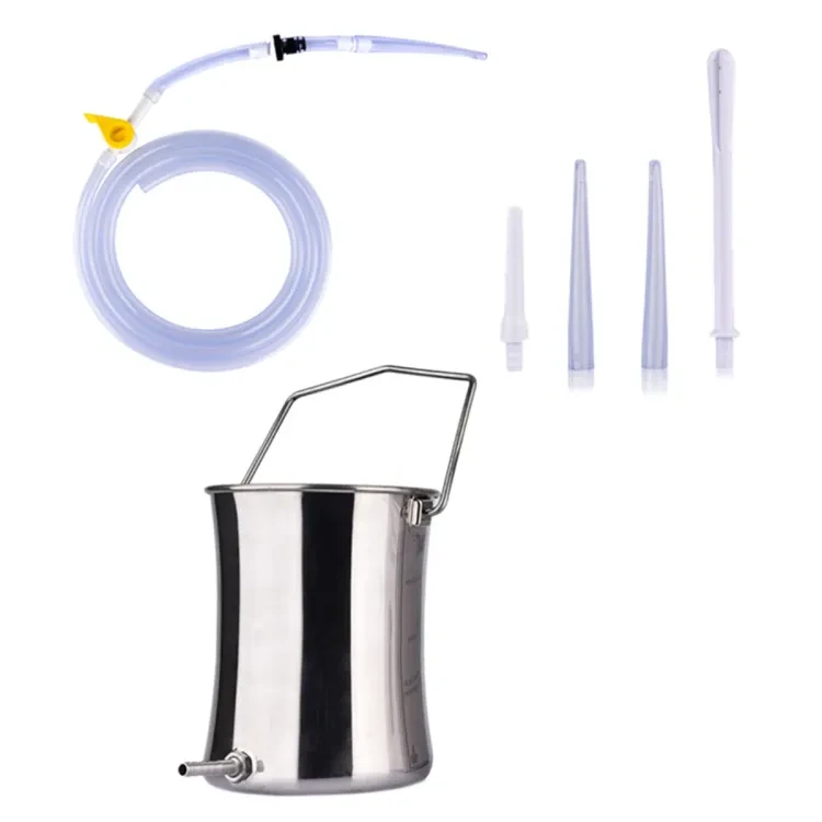 2L Medical Health Stainless Steel Enema Bucket Suitable for Colon Cleansing Reusable Constipation Cleaning Detoxification Cleansing Enema Set with 4 Nozzles