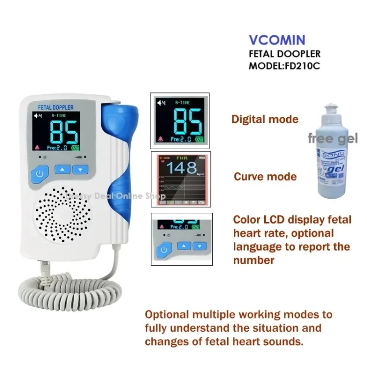 VCOMIN FD210C Rechargable Fetal Doppler Baby Monitor LCD color Display Portable Baby Heart Rate Monitor