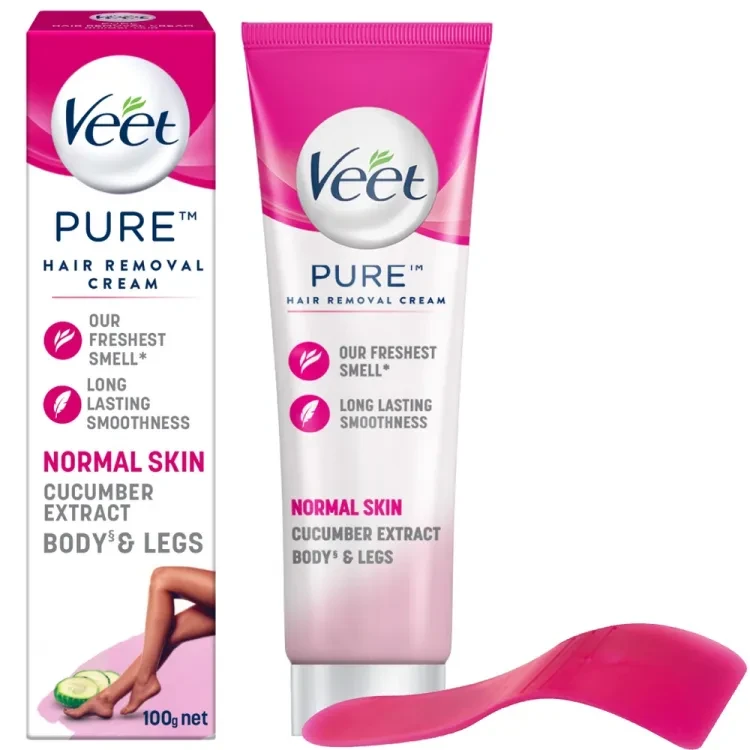 Veet Pure™ Hair Removal Cream 100g Normal Skin for Body & Legs, Freshest Smell with Cucumber Extract Leaves Skin Feeling Smooth, Moisturized & Visibly Glowing, Dermatologically Tested