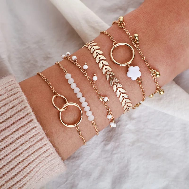 6 Pcs/set Elegant leaves Circle Charms Thin Chain Stylish Bangle Bracelet Accessories
