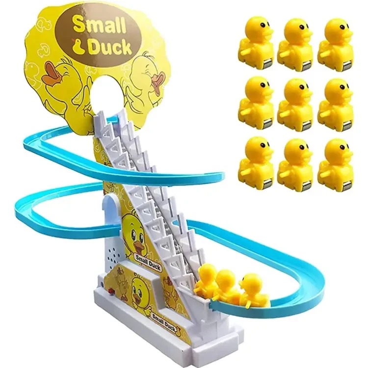 Little Duck Track Slide Toys, Electric Duck Climbing Stairs Roller Coaster Toy Set, Children Roller Coaster Toy with LED Flashing Lights and Music