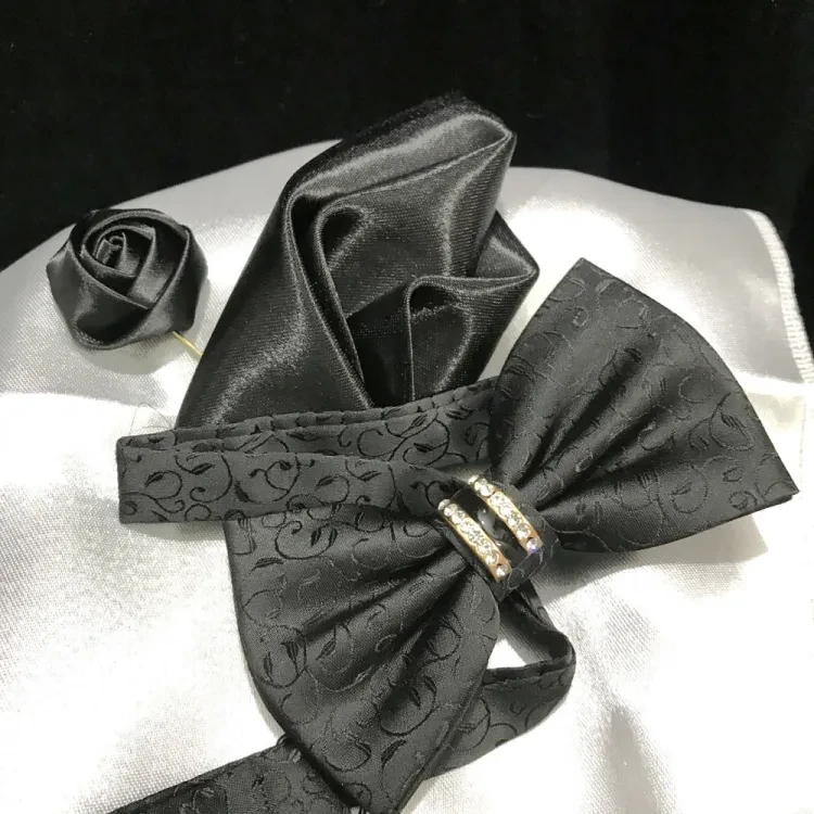 Crystal Thin Floral Bow Tie Set With Flower Lapel Pin & Pocket Square For Men