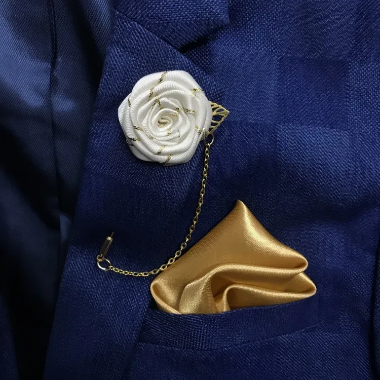 Flower Lapel Chain Pin With Pocket Square For Men (1 Flower+1 Pocket Square)