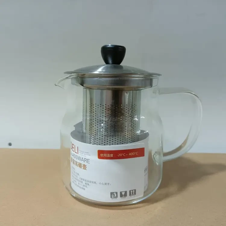 Heatproof Hand Blown Glass Teapot with Stainless Steel Lid and Tea Strainer, High Quality Water Glass Carafe, Clear Body 610ml capacity