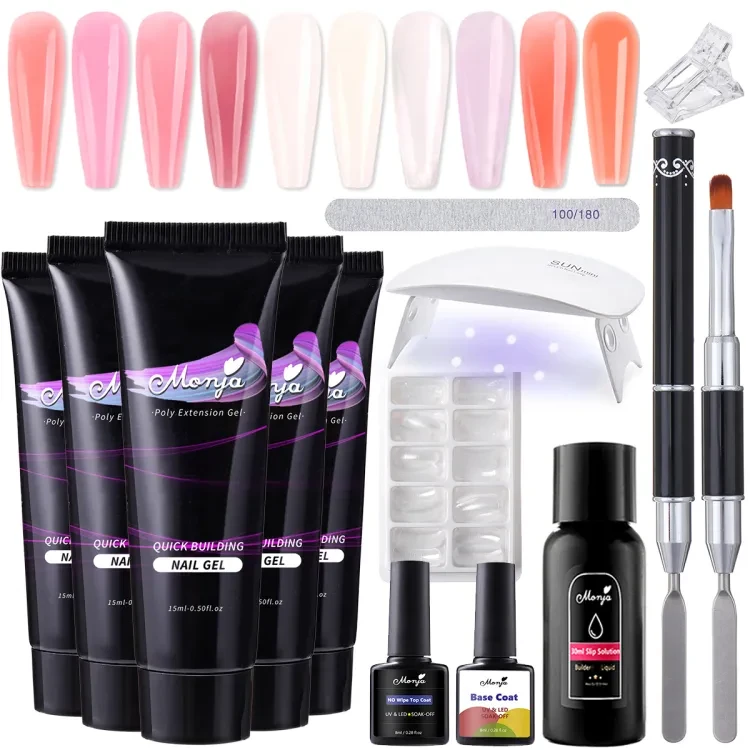 Monja Nail Art UV Quick Extension Nail Kit Glitter Poly UV Builder Gel Nail Tip Color Nail Tip French Nail Tip Form DIY Manicure Tool Set