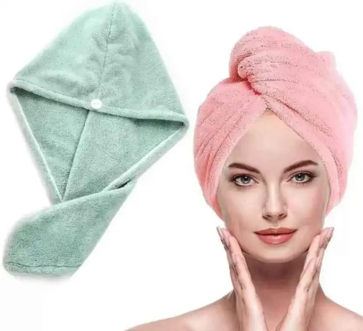 Hair Drying Towel Button Bath Head Turban Hair Towel Wrap 1pc