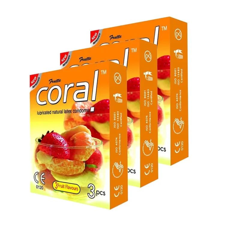 Coral 3 Fruits Flavors Lubricated Natural Latex Condoms 3 Pack Combo - 9 Pcs