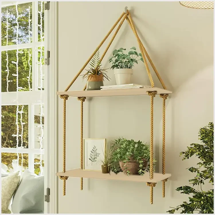 Brown Hanging Wall Shelves, Swing Rope Floating Shelf, 2 Tier Hanging Storage Shelves for Living Room/Bedroom/Bathroom and Kitchen