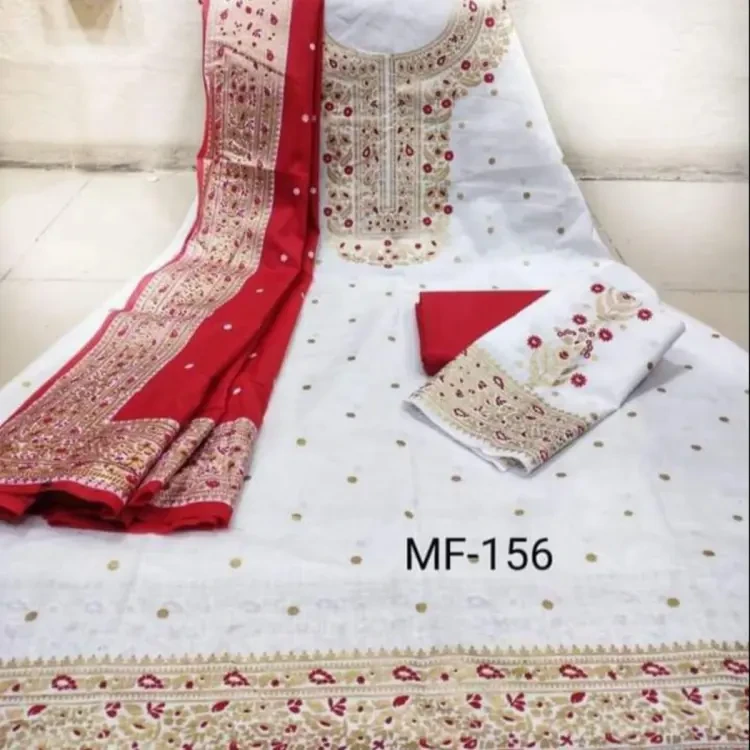 White & Red Color Cotton Unstitched Afsan And Screen Print Stylish Design, And Comfortable Salwar Kamiz {Three Piece} - 3 Pice Dress
