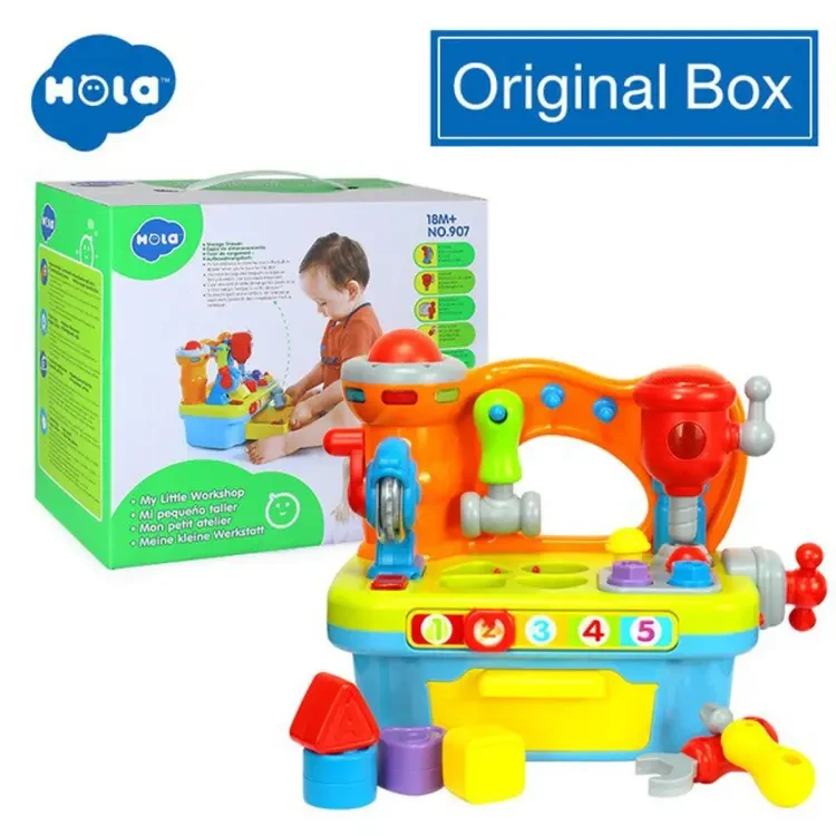HOLA 907 Baby Toys Musical Educational Toy Workbench with Tools & Light & Shape Sorter Kids Pretend Play Toys for Boys 3 Years