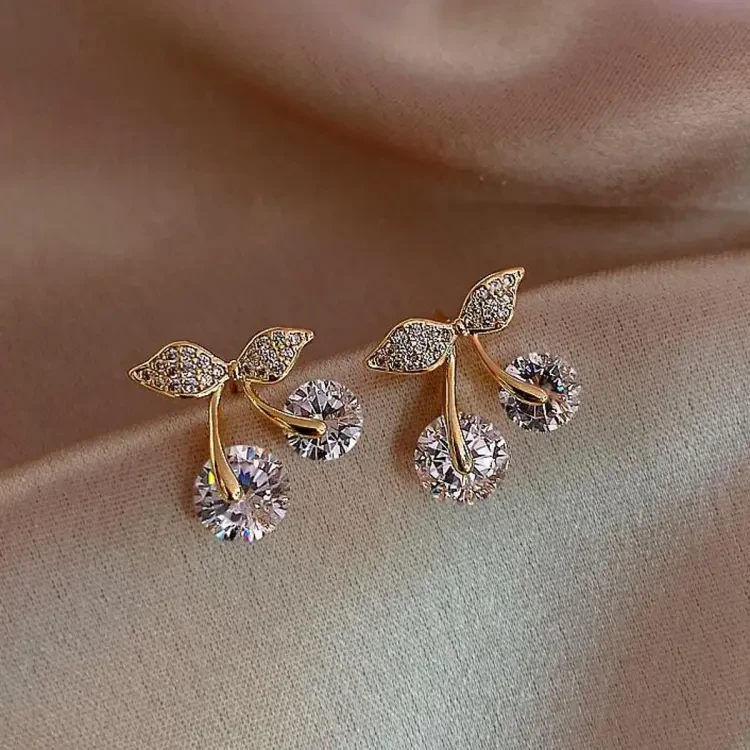 Trendy Cute Crystal Cherry Rhinestone New Stud Earrings for Women - Earrings for Girls Simple Top Fashion Jewelry Gift for Wedding Engagement Party