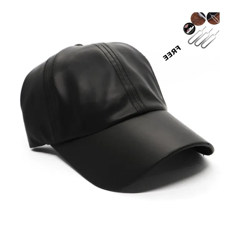 Plain Black Artificial Leather Curved Cap - Cap For Men